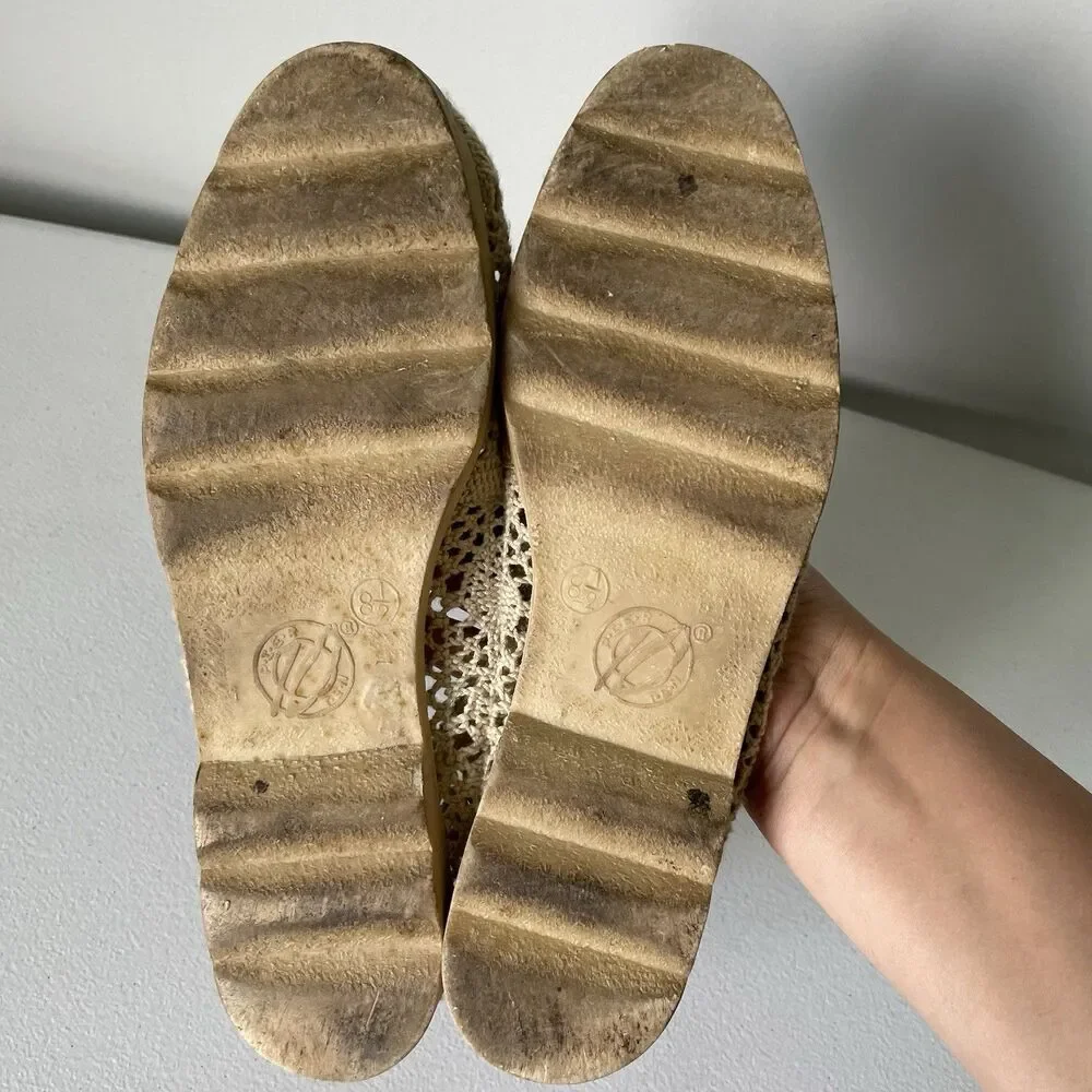 Pier Ten Vintage Cottagecore Knit Crochet Flats Slip-On Shoes Beige Women's 8.5